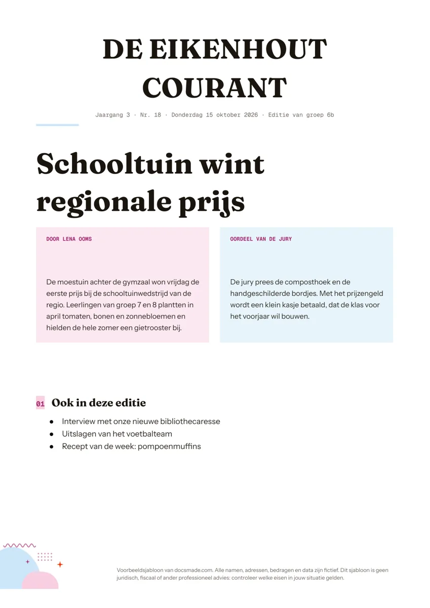 Krant template in Google Docs met kop en artikel in twee kolommen