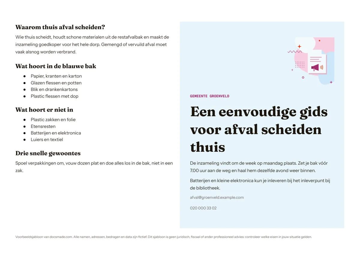Pamflet template in Google Docs, liggend A4 met twee helften