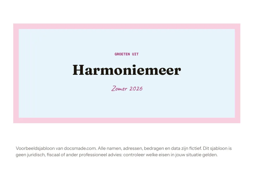 Ansichtkaart template in Google Docs: voorkant met Groeten uit Harmoniemeer en achterkant met tekst, adres en postzegelvak