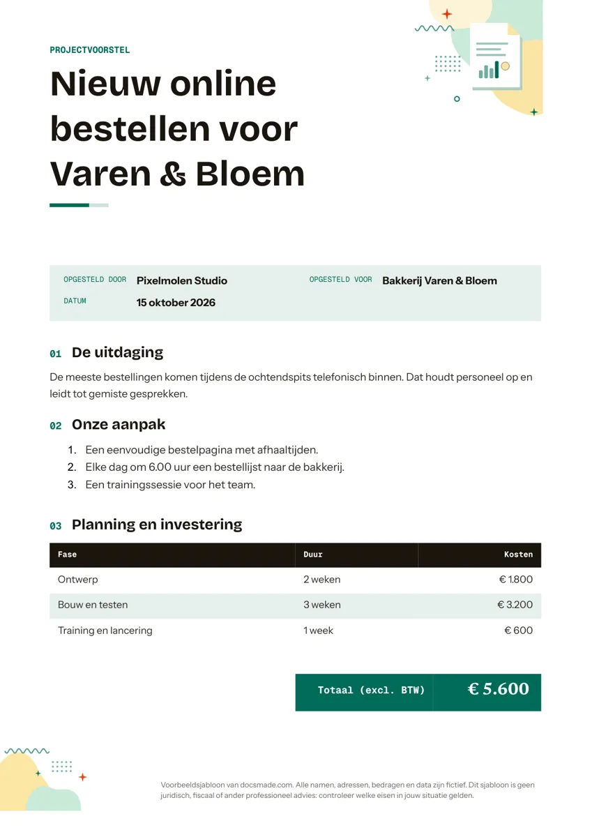 Projectvoorstel template in Google Docs met planning en kosten