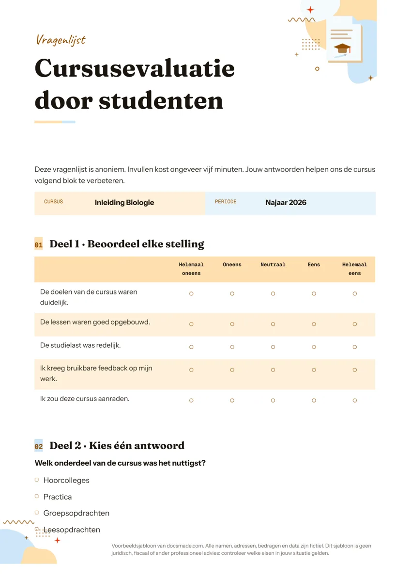 Evaluatieformulier template in Google Docs met beoordelingsschaal