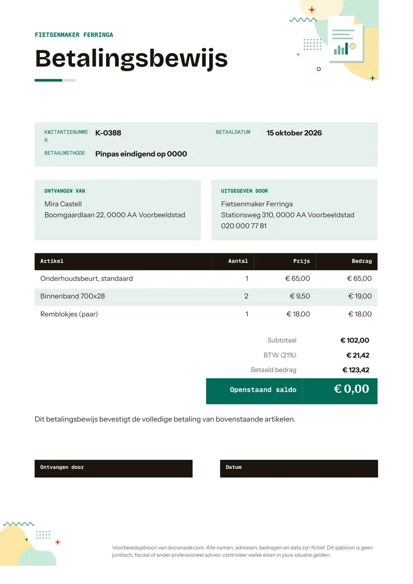 Kwitantie template in Google Docs met artikelen en betaald bedrag