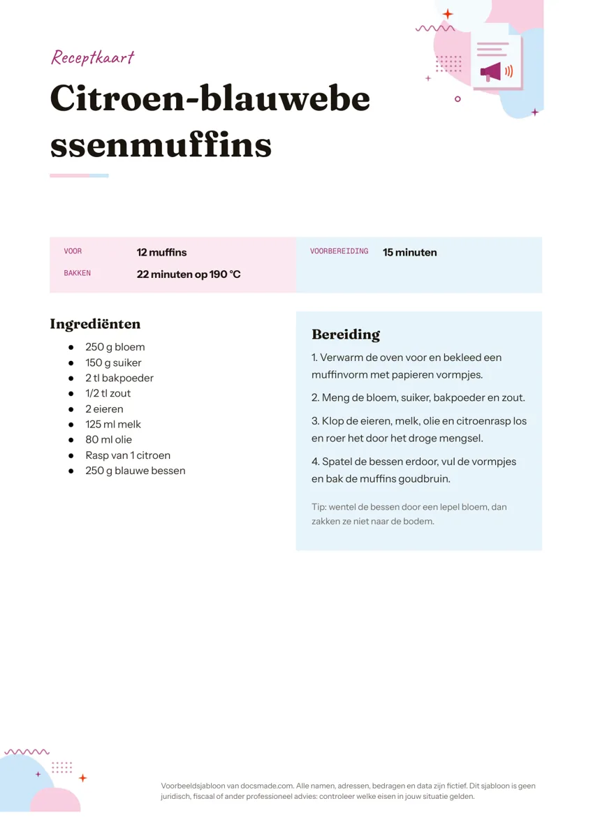 Recept template in Google Docs met ingrediënten en bereiding