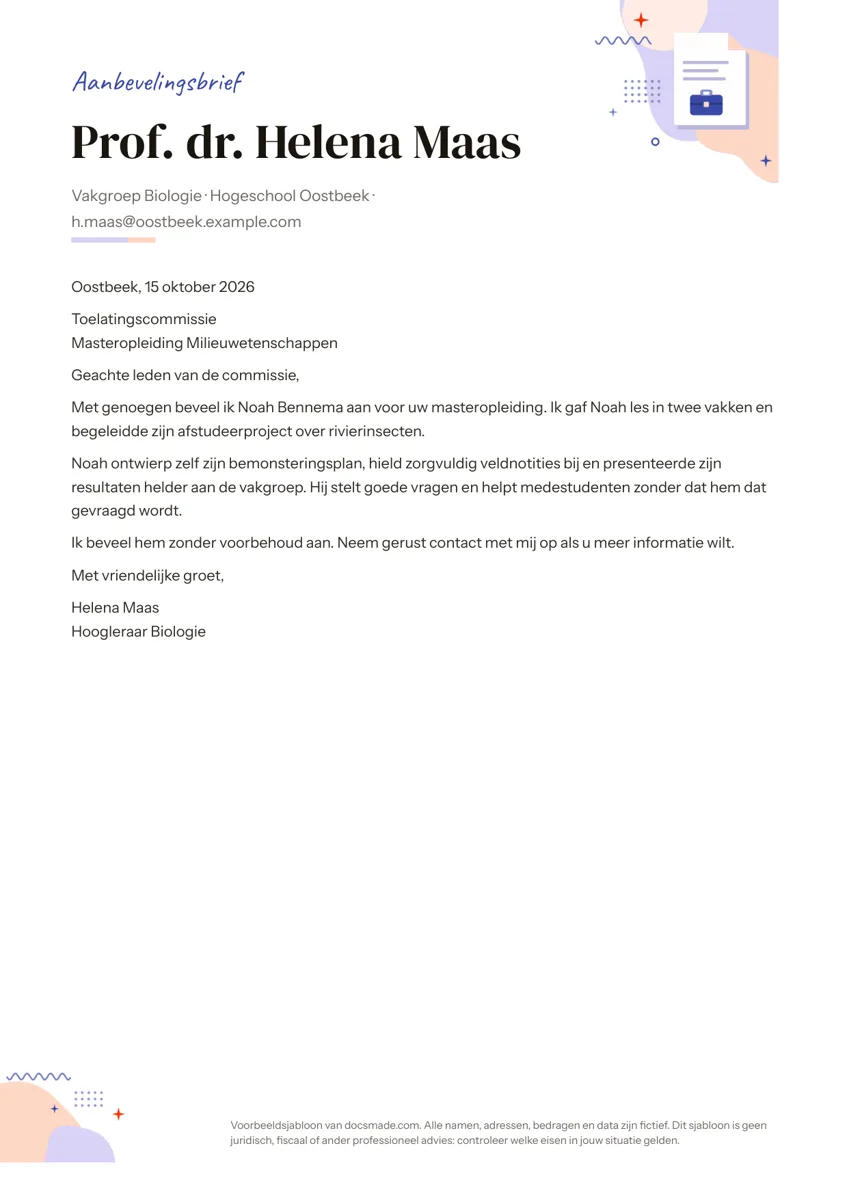 Aanbevelingsbrief template in Google Docs, briefopmaak op A4
