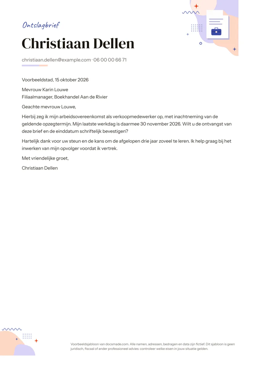 Ontslagbrief template in Google Docs, zakelijke brief op A4