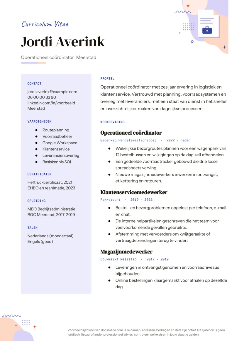 Cv template in Google Docs met twee kolommen op A4