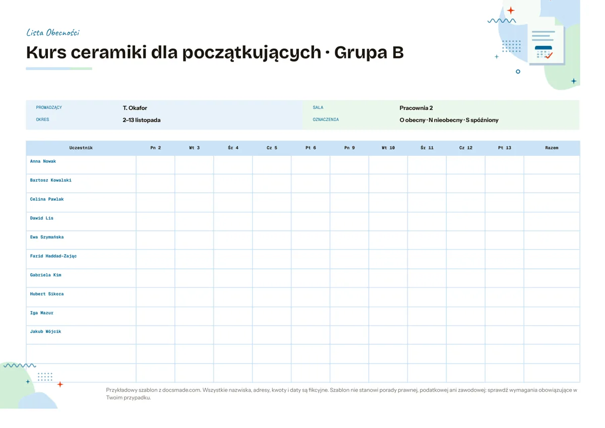 Wzór listy obecności w Google Docs z danymi kursu, oznaczeniami O N S i tabelą z dziesięcioma datami