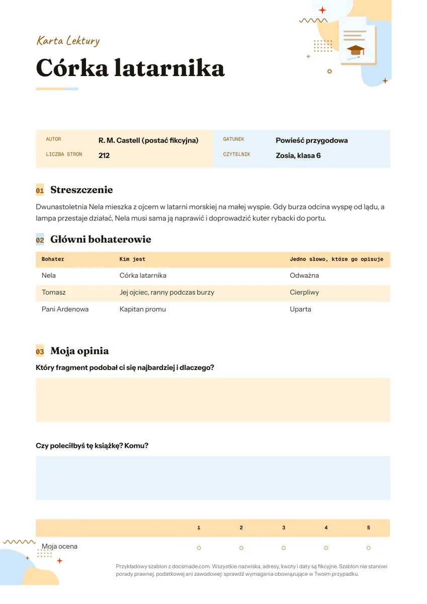 Karta czytelnicza w Google Docs wypełniona dla powieści Córka latarnika: dane książki, streszczenie, bohaterowie i ocena