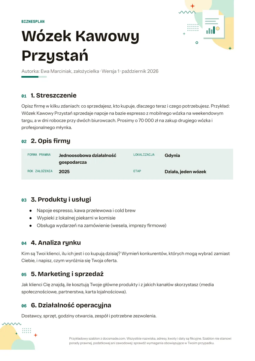 Wzór biznes planu w Google Docs, pierwsza strona