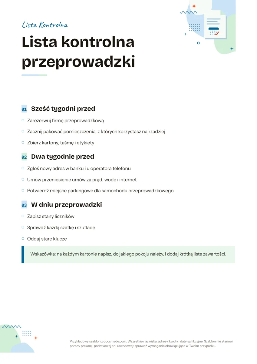 Wzór checklisty w Google Docs, lista kontrolna przeprowadzki