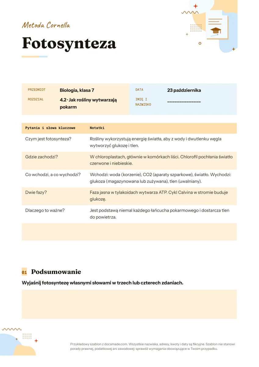 Szablon notatek metodą Cornella w Google Docs z kolumną pytań, notatkami o fotosyntezie i polem na podsumowanie
