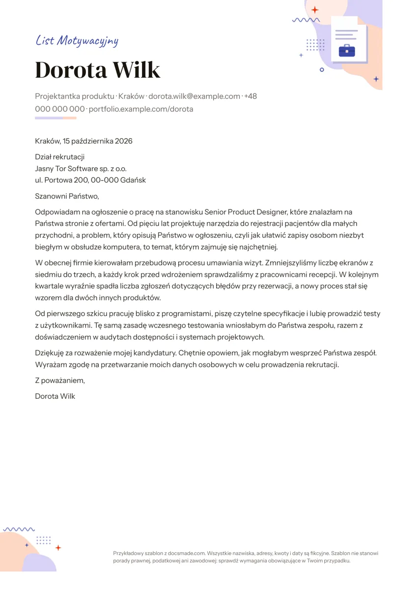 Wzór listu motywacyjnego w Google Docs, pierwsza strona