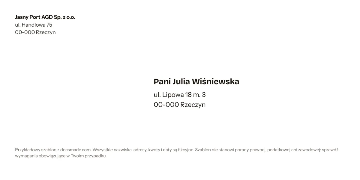 Wzór koperty DL w Google Docs z adresem nadawcy w lewym górnym rogu i adresem odbiorcy po prawej stronie