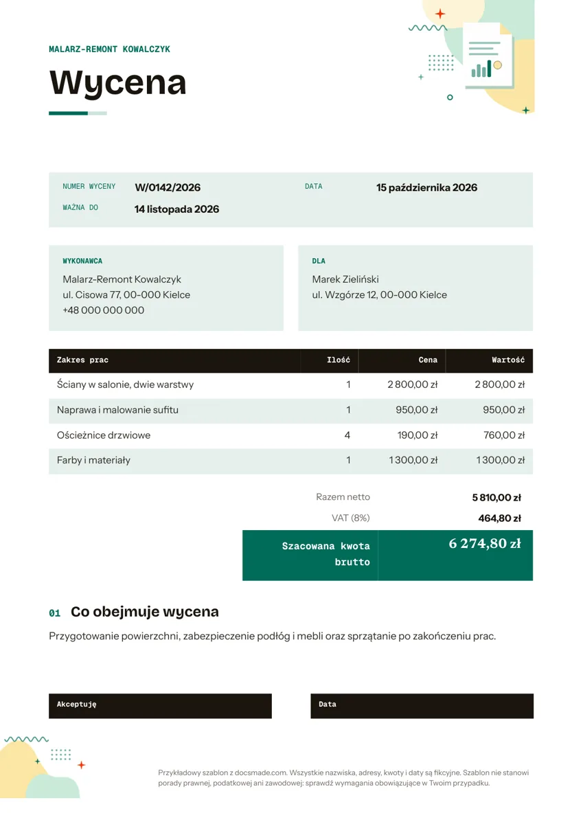 Wzór kosztorysu i wyceny prac w Google Docs, pierwsza strona