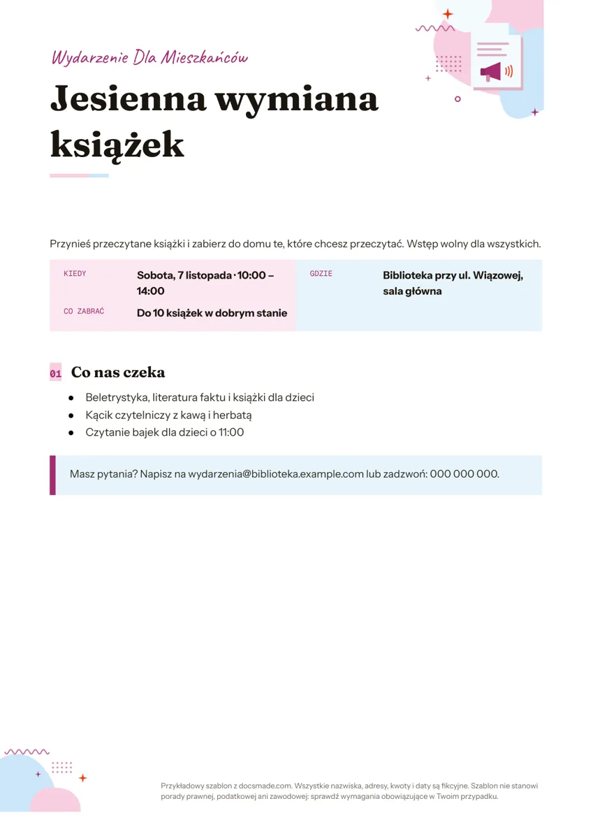 Wzór ulotki na wydarzenie w Google Docs