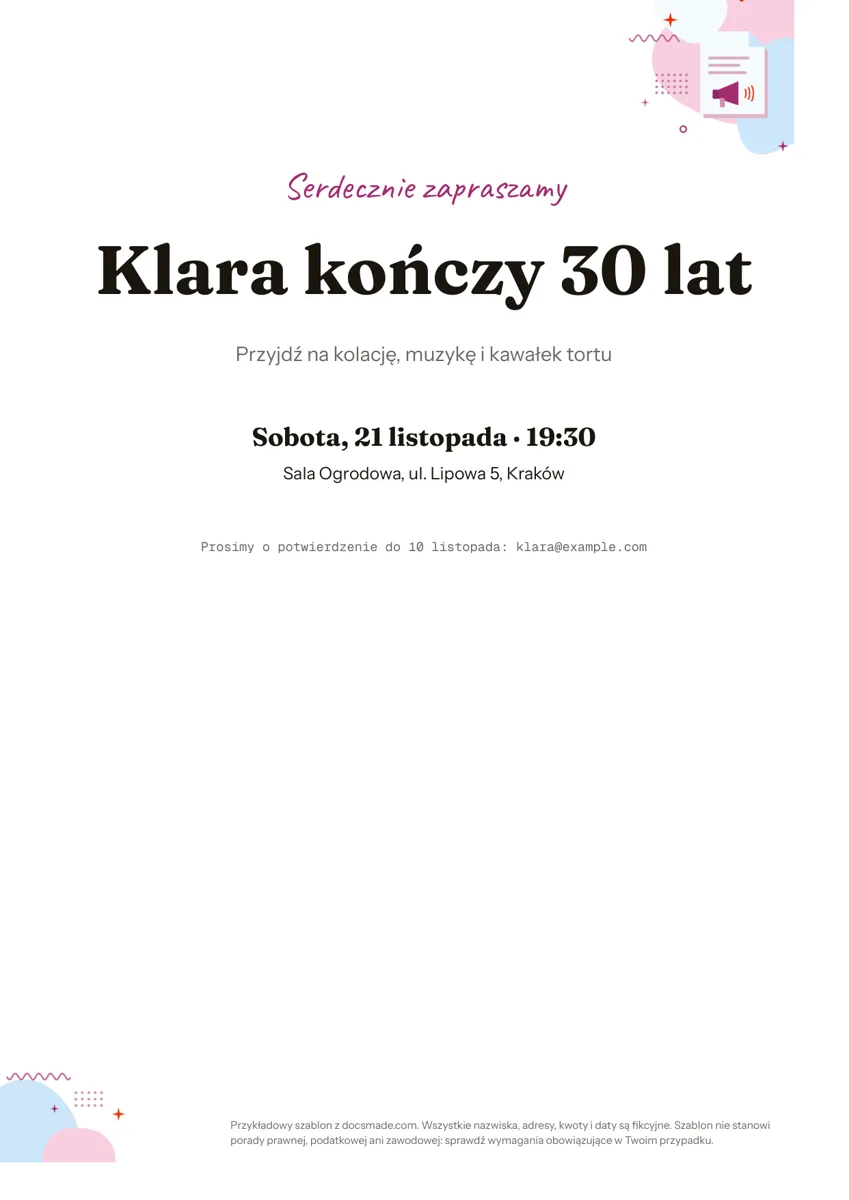 Zaproszenie na urodziny do druku w Google Docs