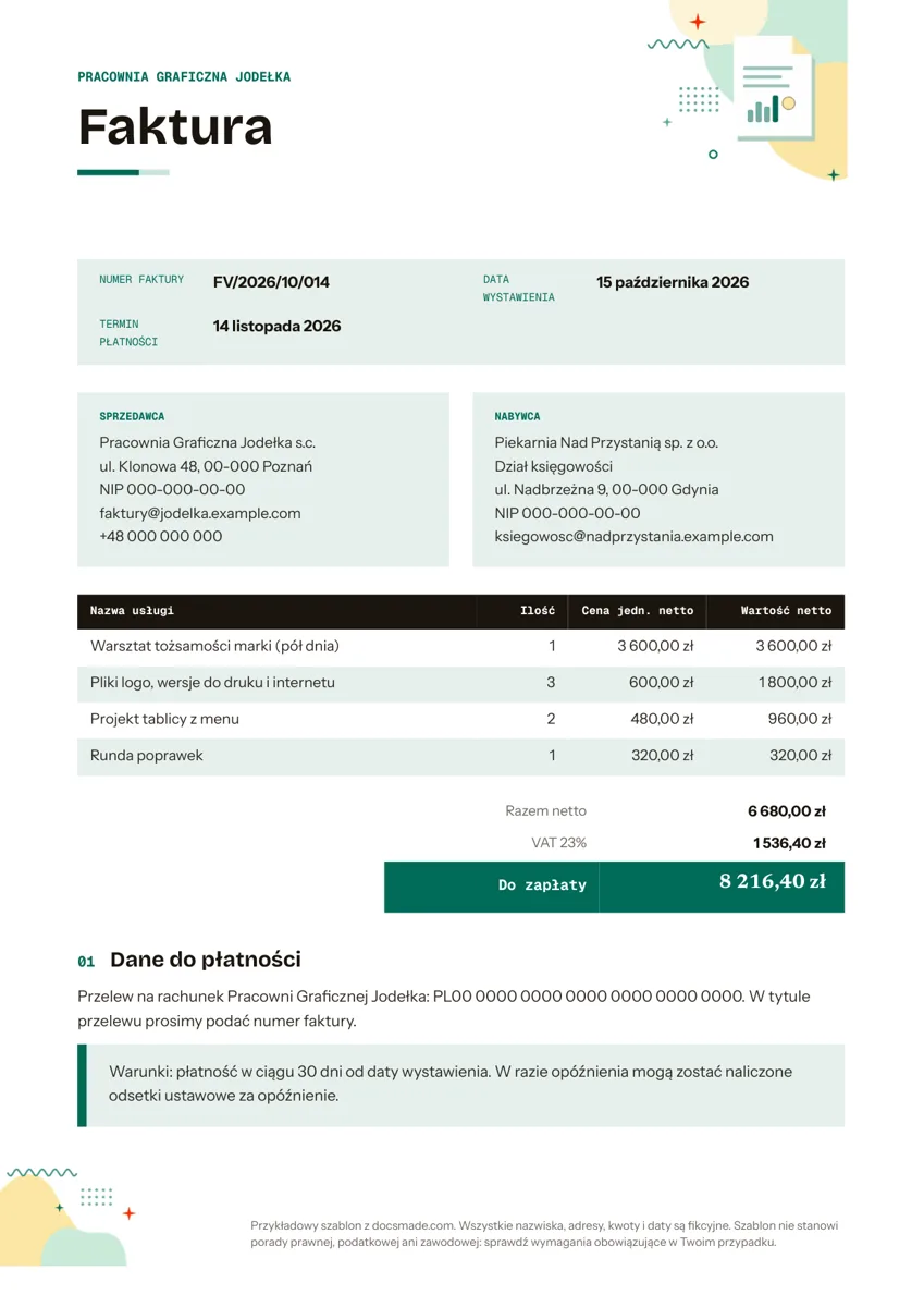 Wzór faktury w Google Docs, pierwsza strona