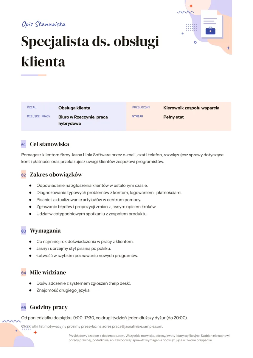 Wzór opisu stanowiska pracy w Google Docs dla specjalisty ds. obsługi klienta z zakresem obowiązków i wymaganiami