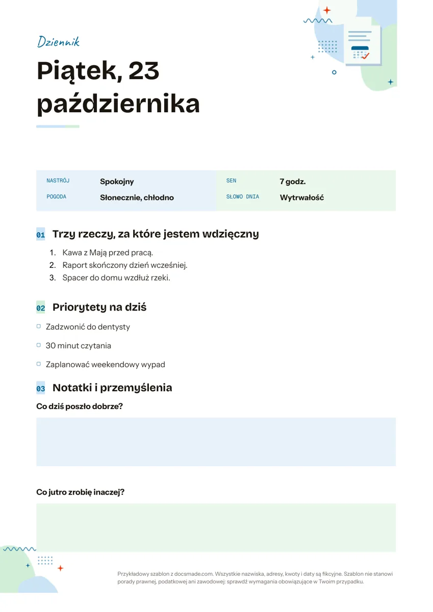 Szablon dziennika wdzięczności w Google Docs z nastrojem, listą wdzięczności, priorytetami na dziś i pytaniami do refleksji