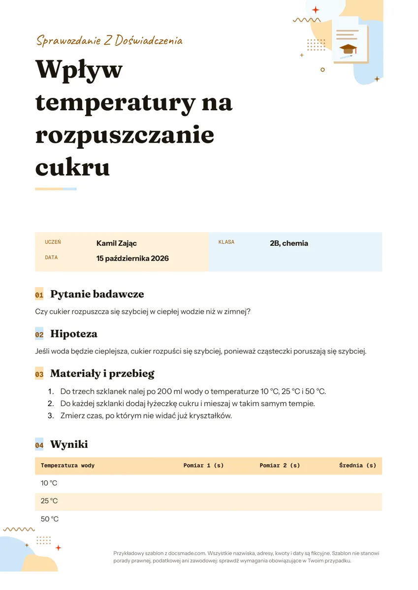 Wzór sprawozdania z doświadczenia w Google Docs