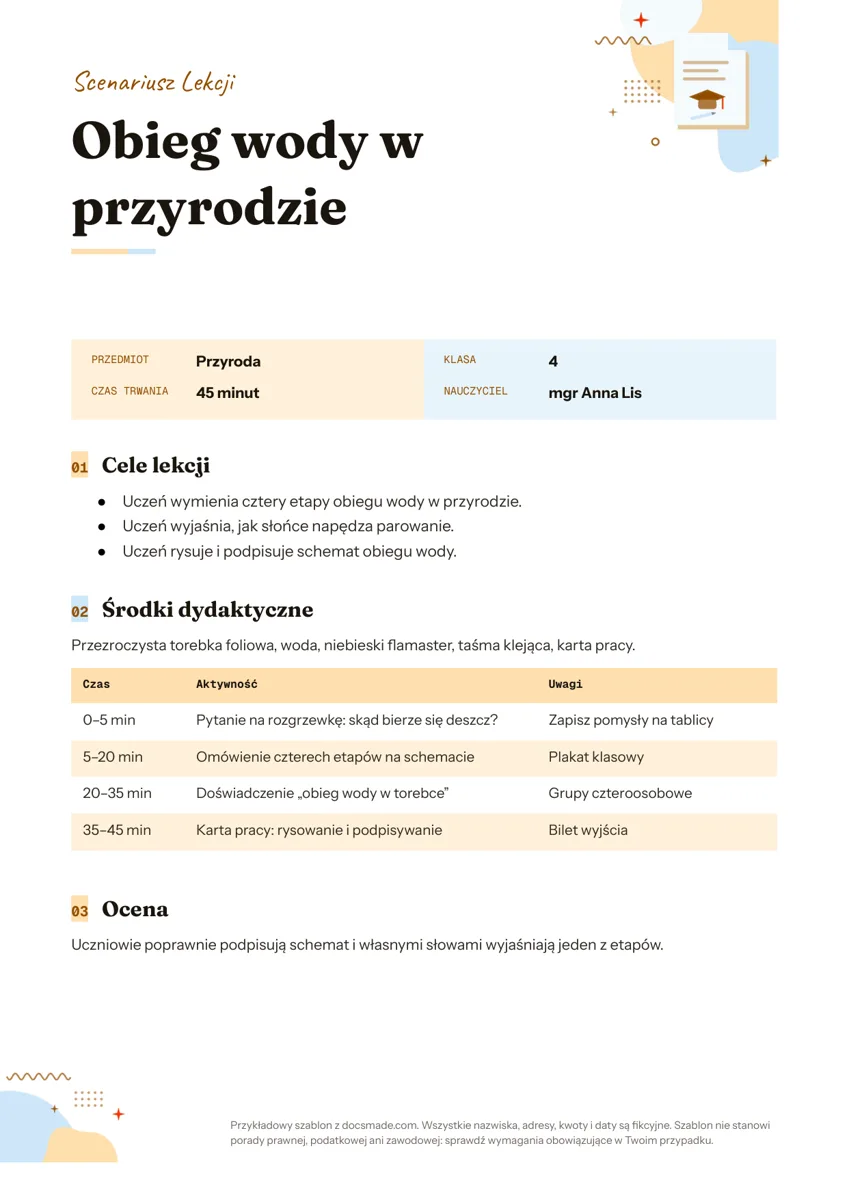 Wzór konspektu lekcji w Google Docs z celami i tabelą przebiegu zajęć