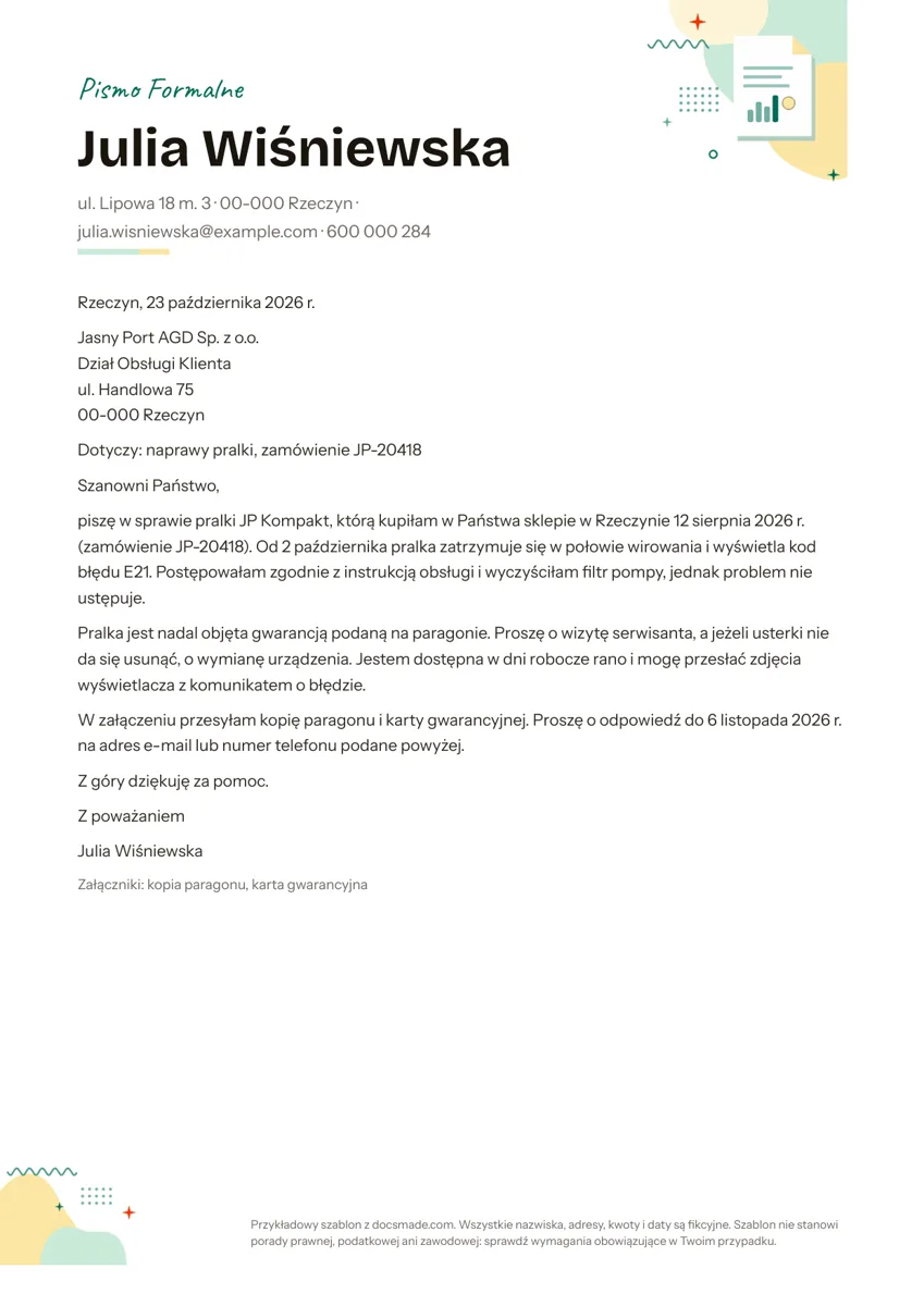 Wzór pisma formalnego w Google Docs z danymi nadawcy, adresatem, linijką Dotyczy i treścią reklamacji