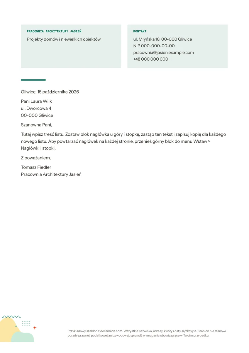 Wzór papieru firmowego w Google Docs z danymi firmy i układem pisma