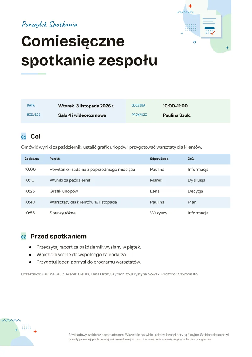 Wzór agendy spotkania w Google Docs z danymi spotkania, celem i tabelą punktów z godzinami