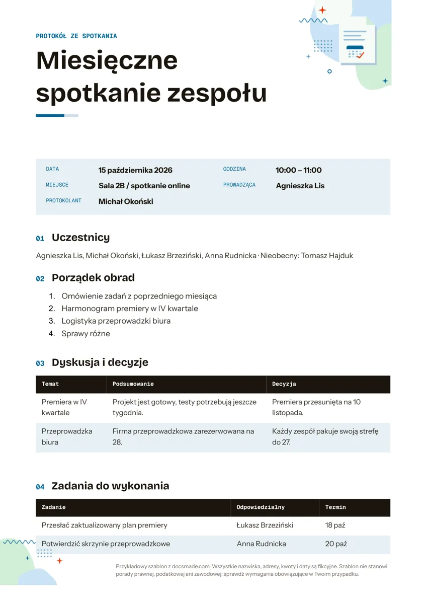 Wzór protokołu ze spotkania w Google Docs z tabelą decyzji i zadań