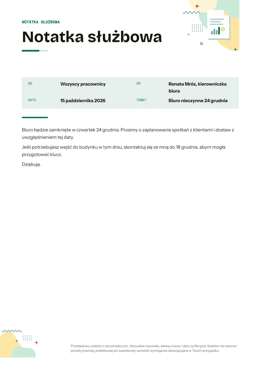 Wzór notatki służbowej w Google Docs z polami Do, Od, Data i Temat