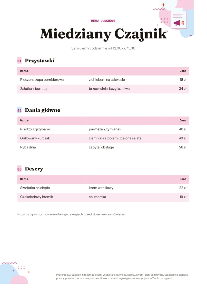 Szablon karty menu restauracji w Google Docs z cenami w złotych