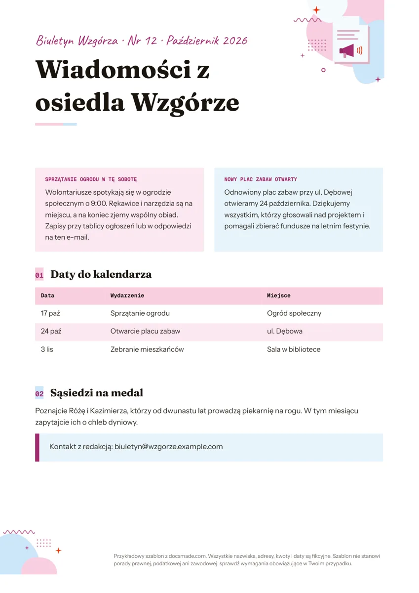 Szablon newslettera w Google Docs z winietą, dwoma tekstami i tabelą dat