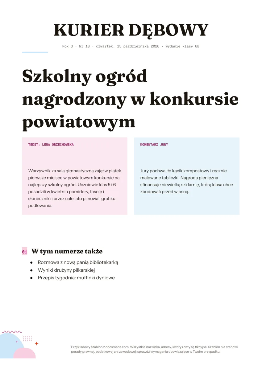 Szablon gazetki szkolnej w Google Docs z winietą i artykułem w dwóch kolumnach