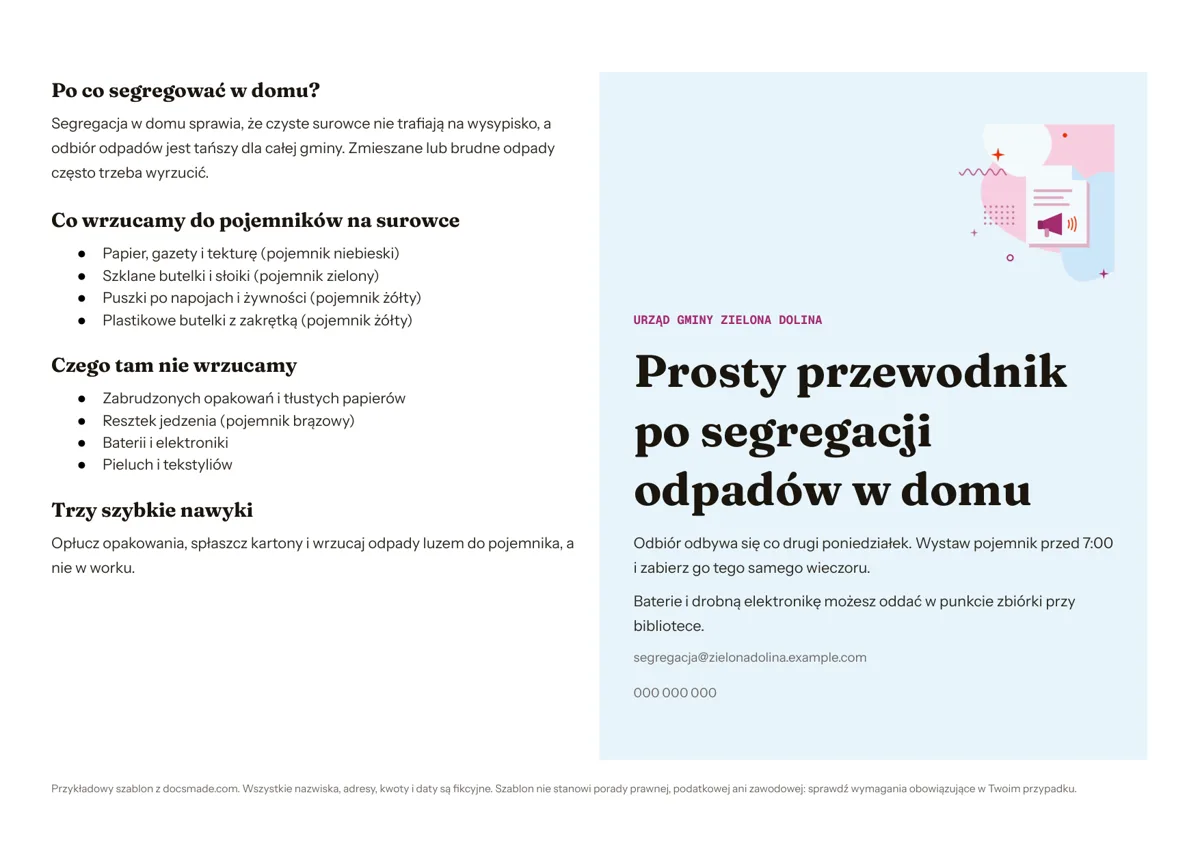 Szablon folderu informacyjnego w Google Docs z okładką i częścią z informacjami