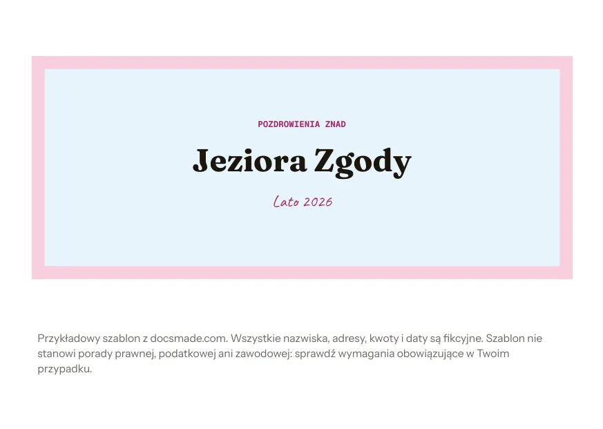 Szablon pocztówki A6 w Google Docs z ramką i napisem Pozdrowienia znad Jeziora Zgody, lato 2026