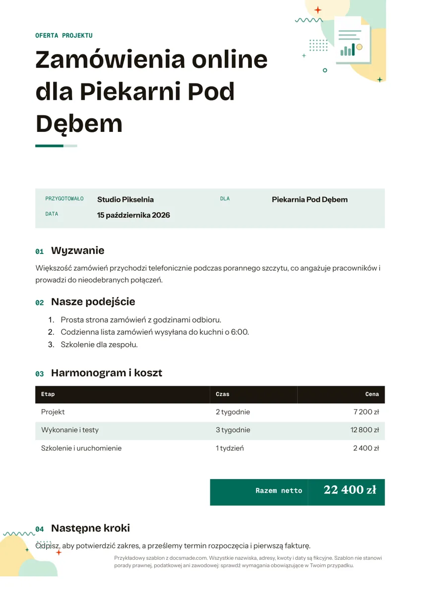 Wzór oferty handlowej w Google Docs z tabelą etapów i cen