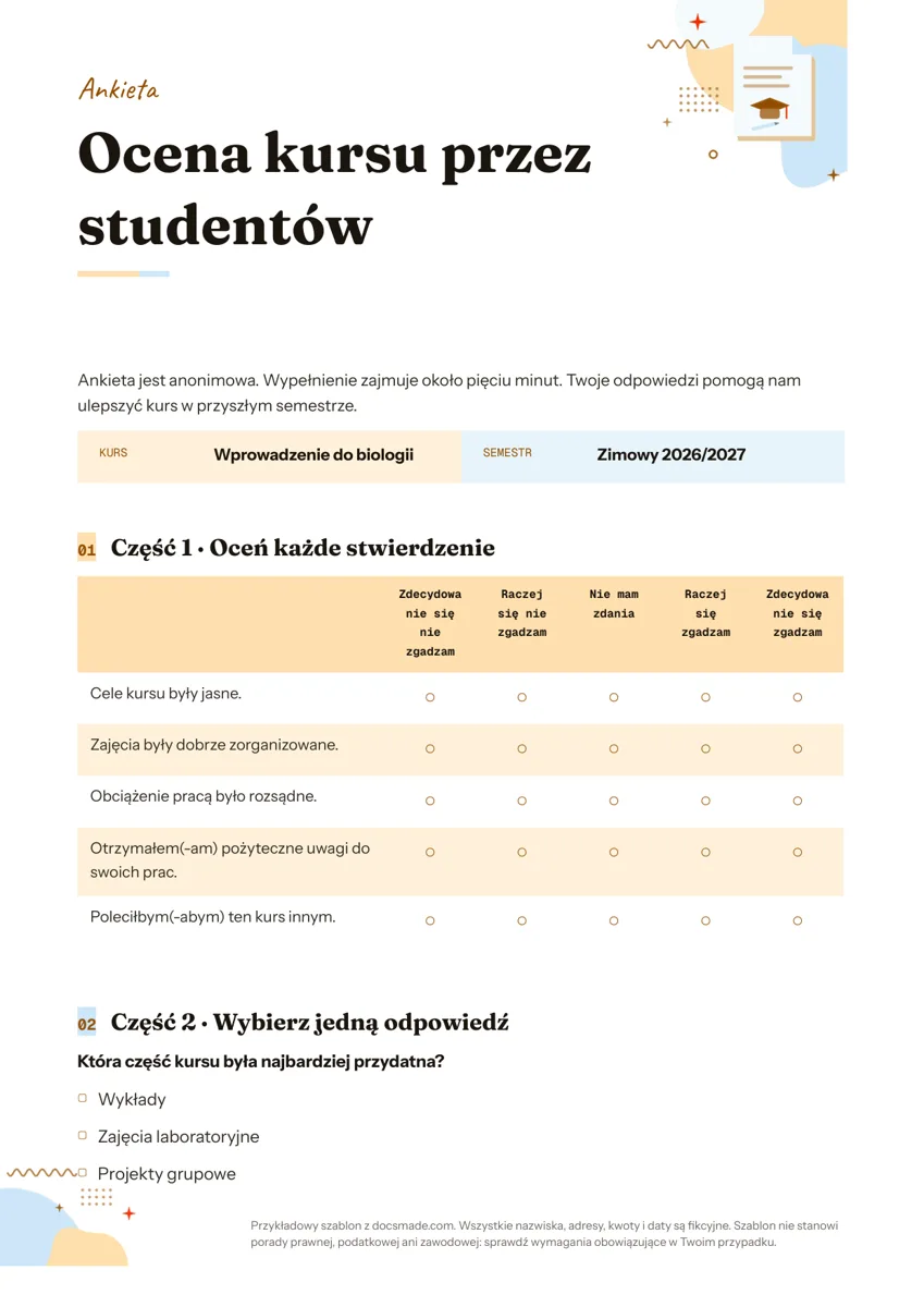 Wzór kwestionariusza ankiety w Google Docs ze skalą ocen i pytaniami otwartymi