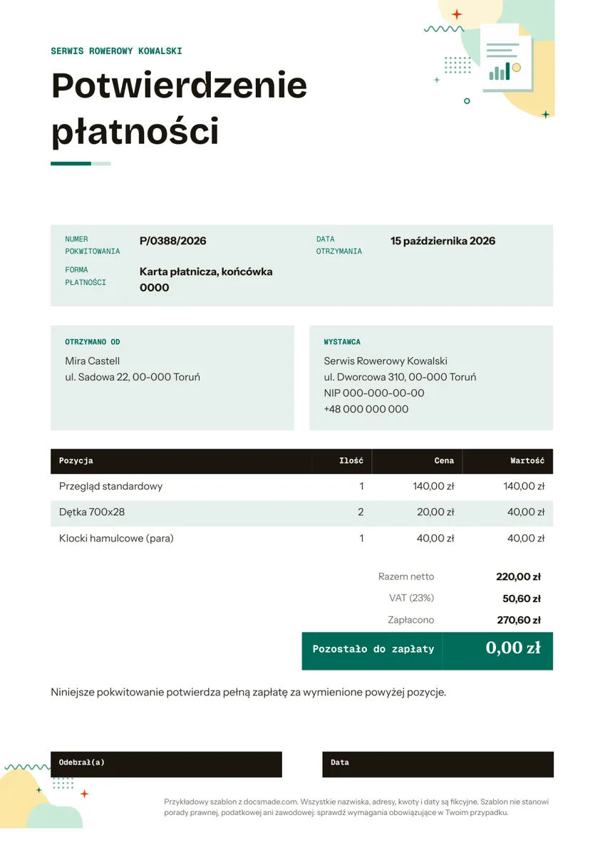 Wzór pokwitowania zapłaty w Google Docs z tabelą pozycji i podsumowaniem