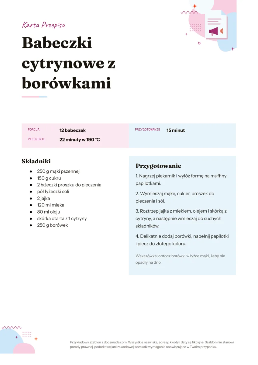 Szablon karty przepisu w Google Docs ze składnikami i przygotowaniem w dwóch kolumnach