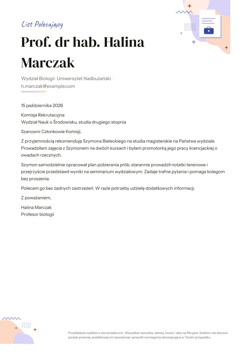 Wzór listu polecającego w Google Docs z nagłówkiem autora i treścią rekomendacji