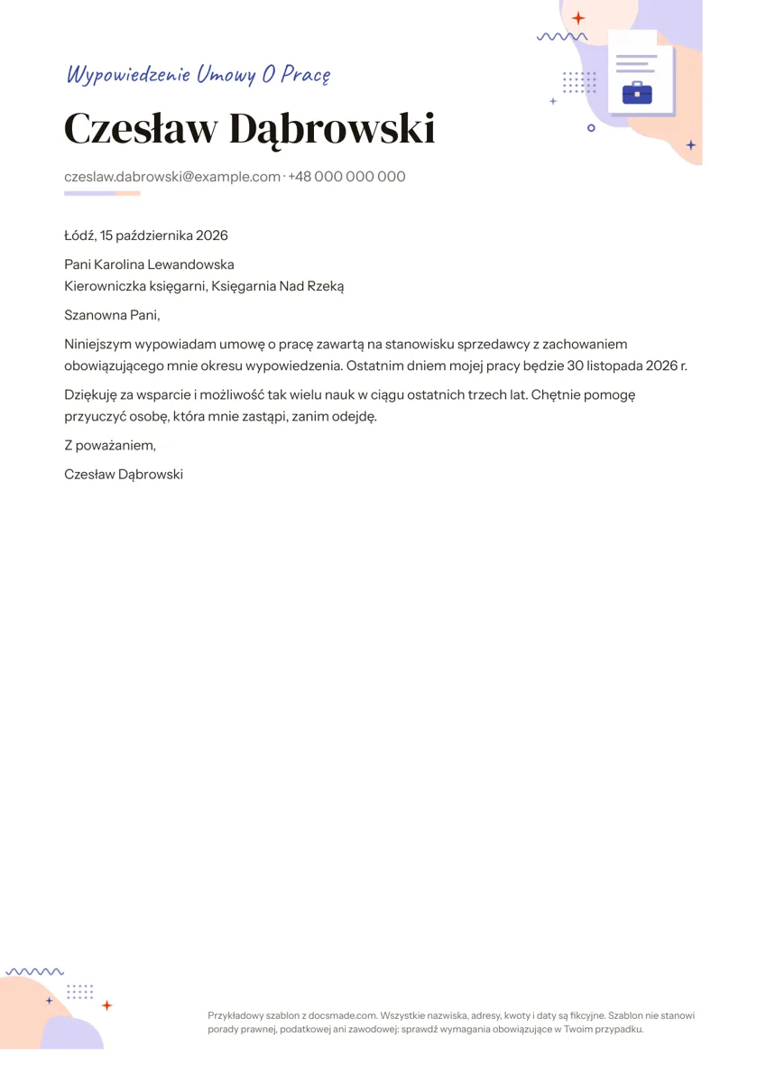Wzór wypowiedzenia umowy o pracę przez pracownika w Google Docs