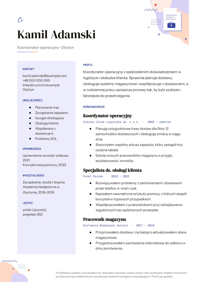 Prosty wzór CV w Google Docs z panelem bocznym i doświadczeniem zawodowym