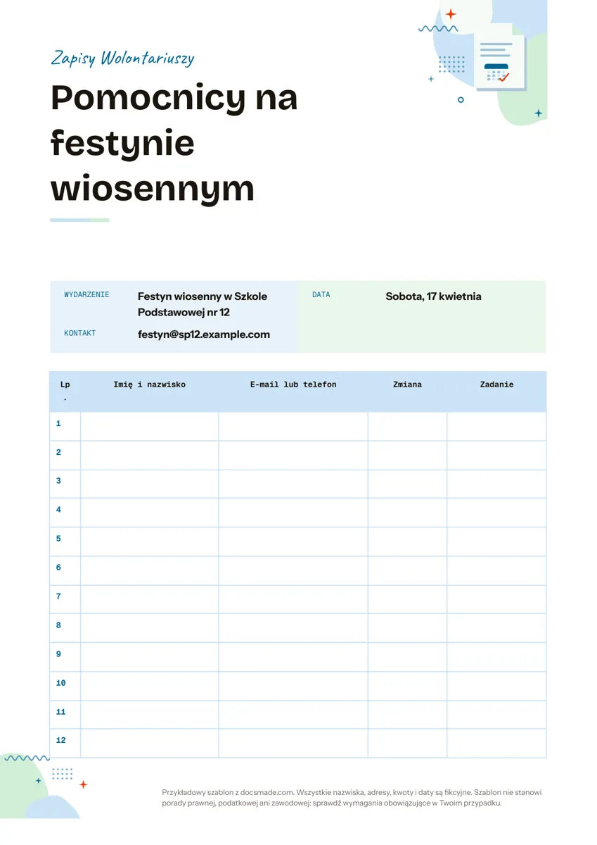 Wzór listy zapisów wolontariuszy w Google Docs z numerowaną tabelą