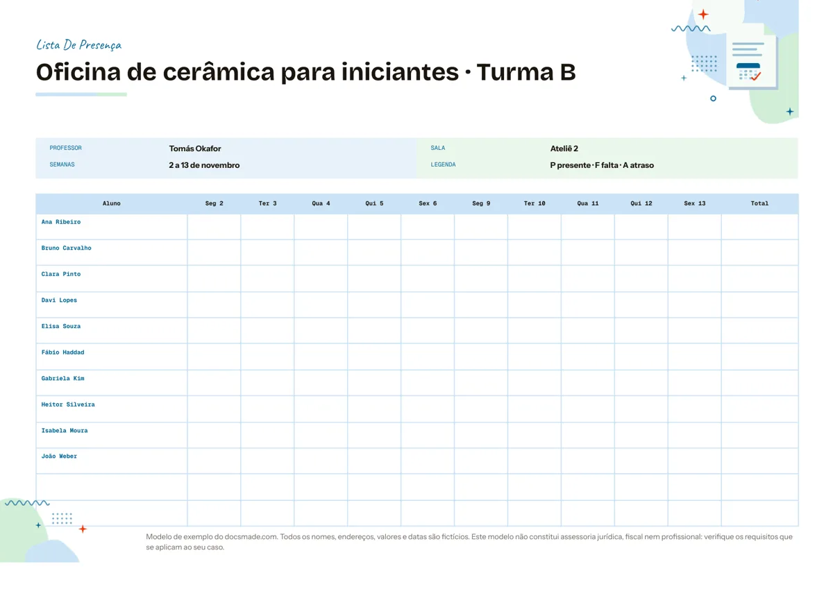 Modelo de lista de presença no Google Docs com grade de alunos e dez datas