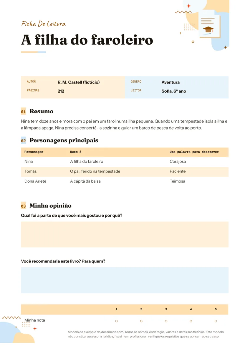 Modelo de ficha literária no Google Docs com resumo, personagens e nota do livro