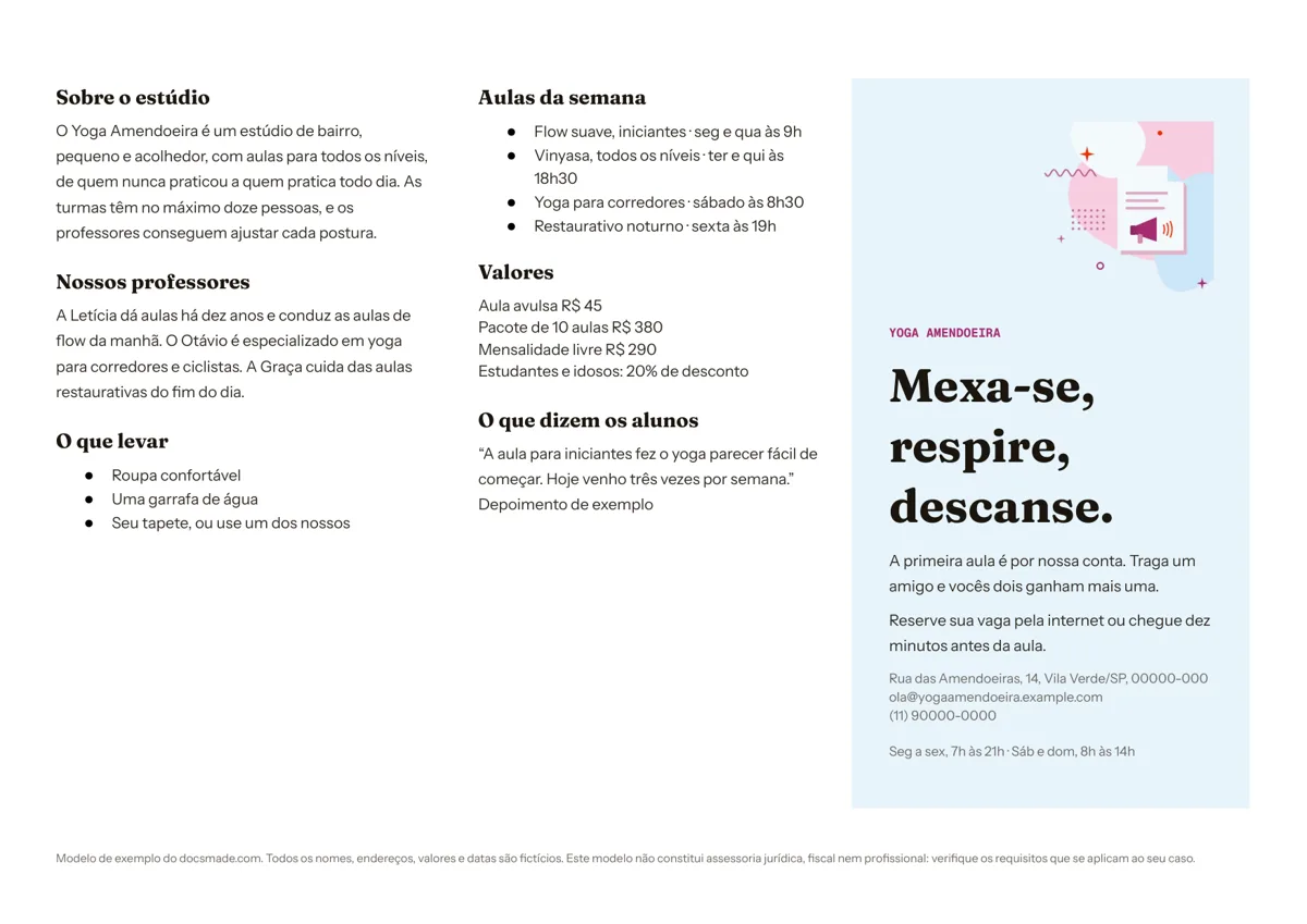 Modelo de folder no Google Docs, primeira página