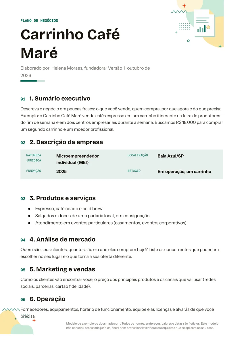 Modelo de plano de negócios no Google Docs, primeira página