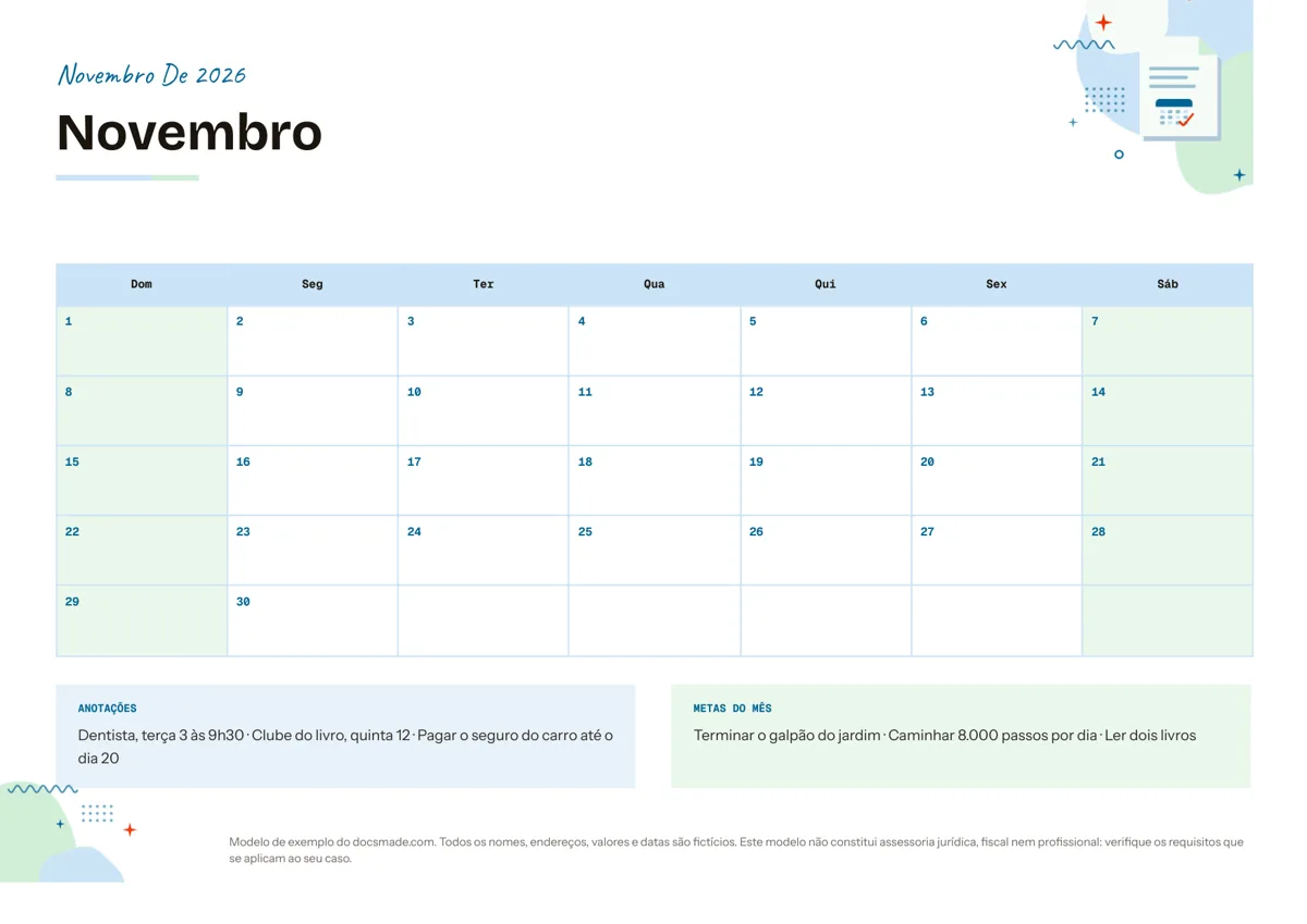 Modelo de calendário para imprimir no Google Docs, primeira página