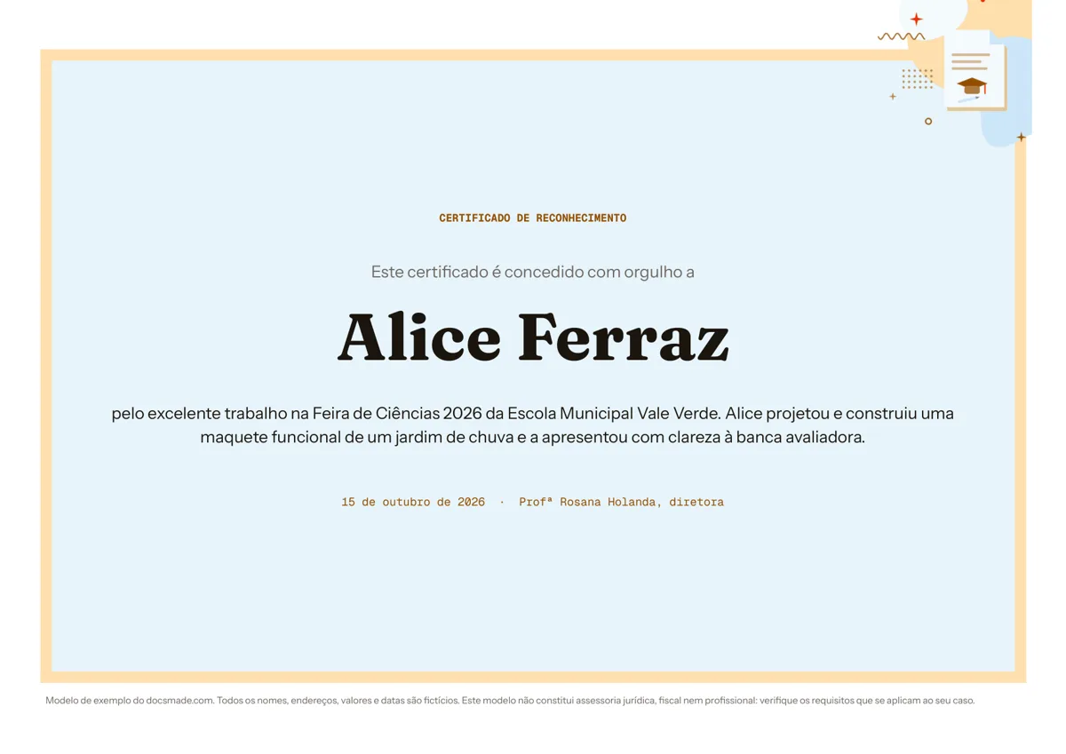 Modelo de certificado no Google Docs, primeira página