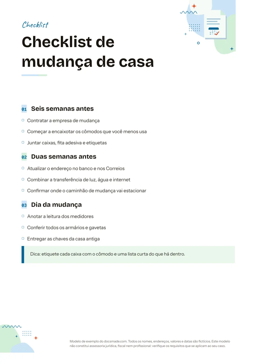 Modelo de checklist no Google Docs, primeira página